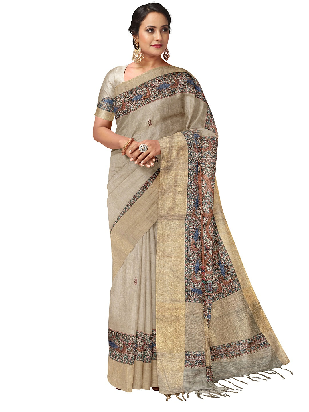 Radha Krishna under the Kadamb Tree – A Divine Melody on Tussar Ghicha Silk